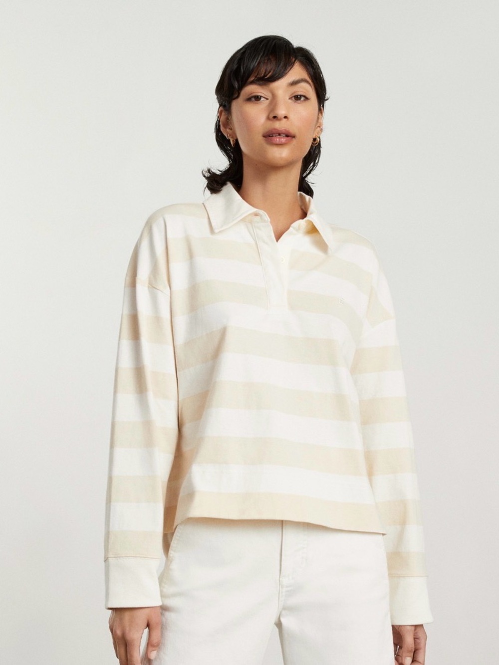 Everlane Cream & Tan Striped Rugby Polo